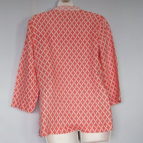 Charter Club Linen Petite Small Embroidered Boho Tunic Top Salmon Pink Beaded - Picture 2 of 4